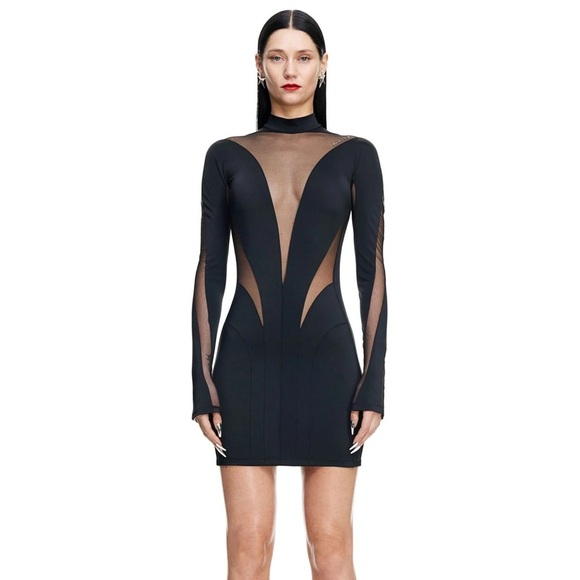 Mugler Dresses & Skirts - Mugler x H&M viral black mesh panel long sleeve mini dress - XL NWOT